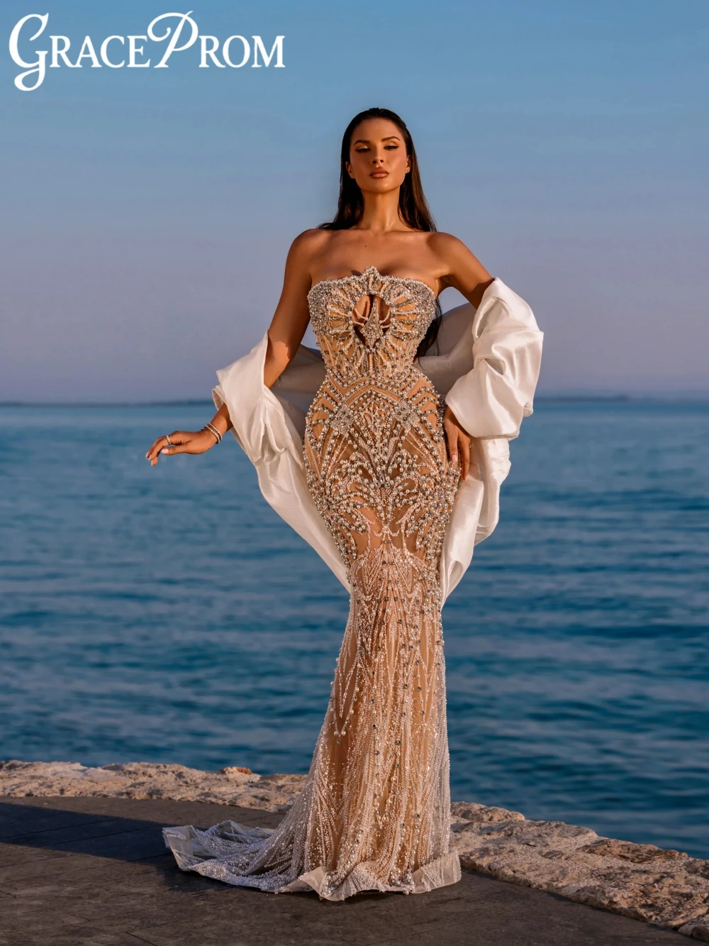 

New Arrival Luxury Pearls Crystal Long Evening Dress With Shawl Illusion Strapless Wedding Party Gown Customized Prom Dresses