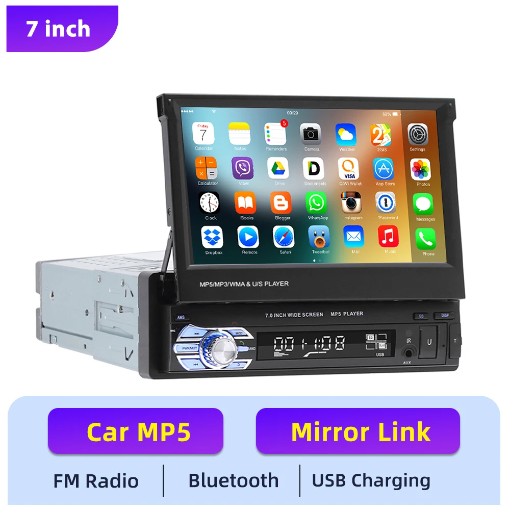 Podofo 1DIN 7 inch autoradio met intrekbaar touchscreen, Bluetooth, multimediaspeler, FM, USB, AUX-audio