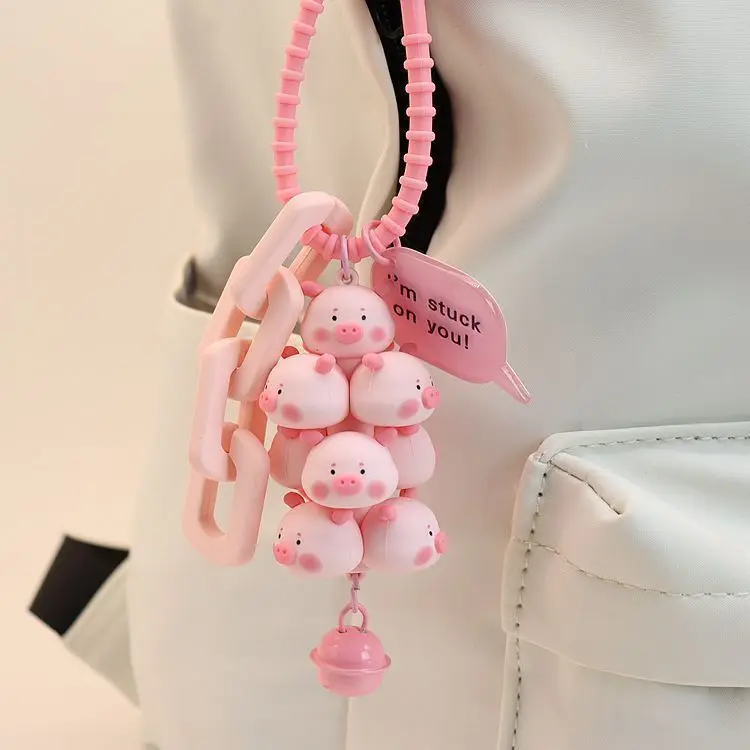 Kawaii Stacked Cartoon Pig Keychains Bell Creative Student Couple Backpack Hanging Decoration Mobile Phone Case Strap Pendants