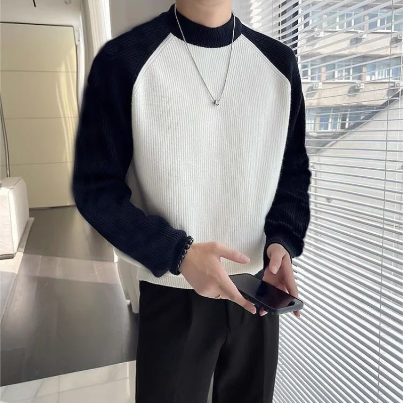 Contrast Color Splicing Crew Neck Sweater Men's Autumn and Winter Korean Style Versatile Sweater Pullover Crew Neck Top