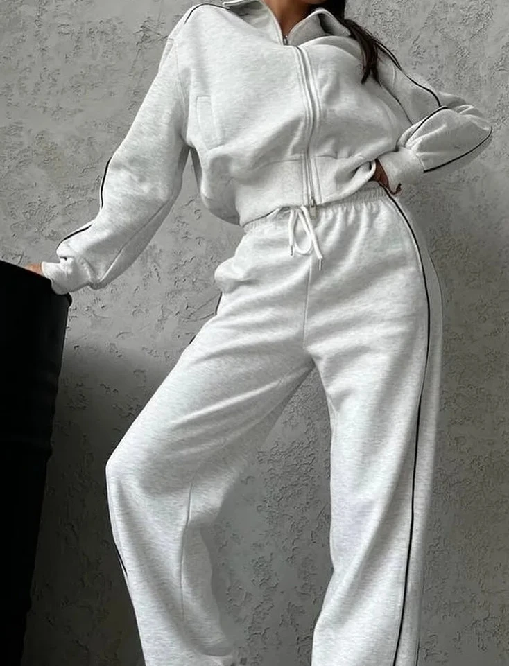 

Vintage Sets for Women Fashion Casual Long Sleeve 2 Piece Set Solid Zipper Lace Up 2025 New Autumn Winter Pant Sets