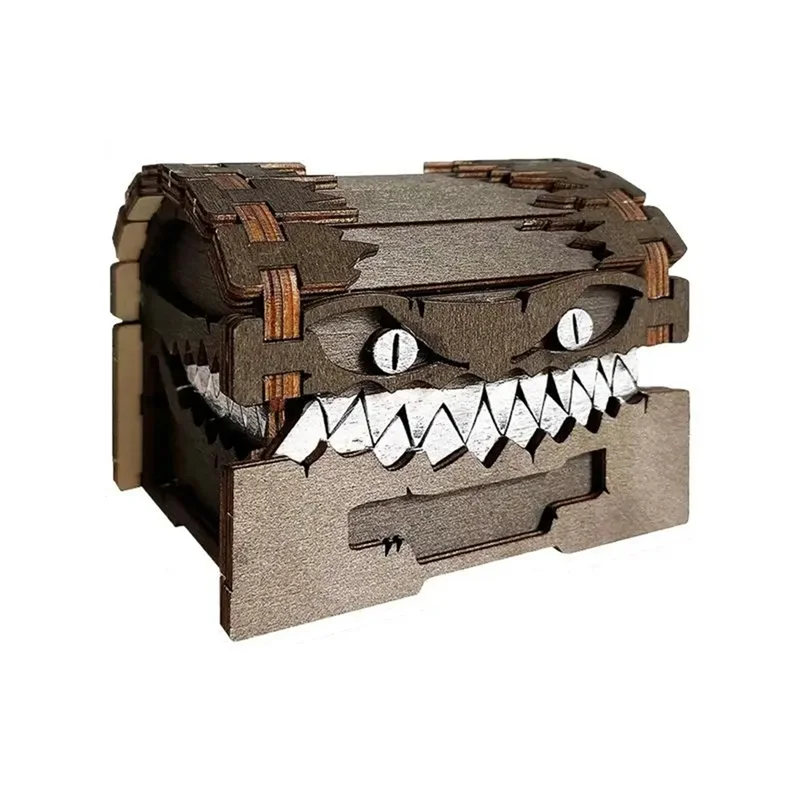B03C-Dungeons Dragons Treasure Chest Monster الشكل - تخزين النرد والحرف الخشبية القابلة للجمع صندوق تخزين صناديق العملات المعدنية