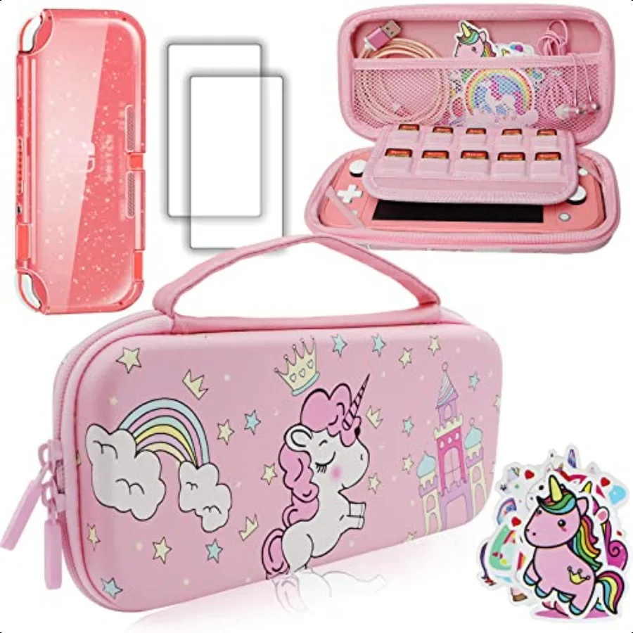 

Pink Carrying Case Compatible with Switch Lite with Crystal Glitter Soft Protective Case Cover+Screen Protector+Stickers Hard