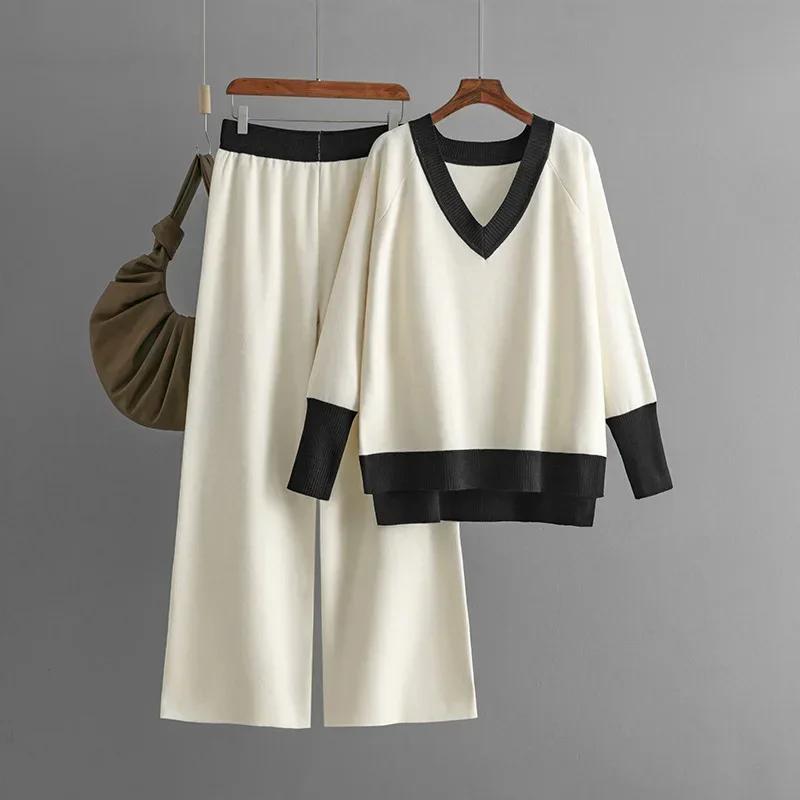 Casual set women's autumn and winter new item V-neck contrasting knitted sweater loose wide leg pants two-piece set