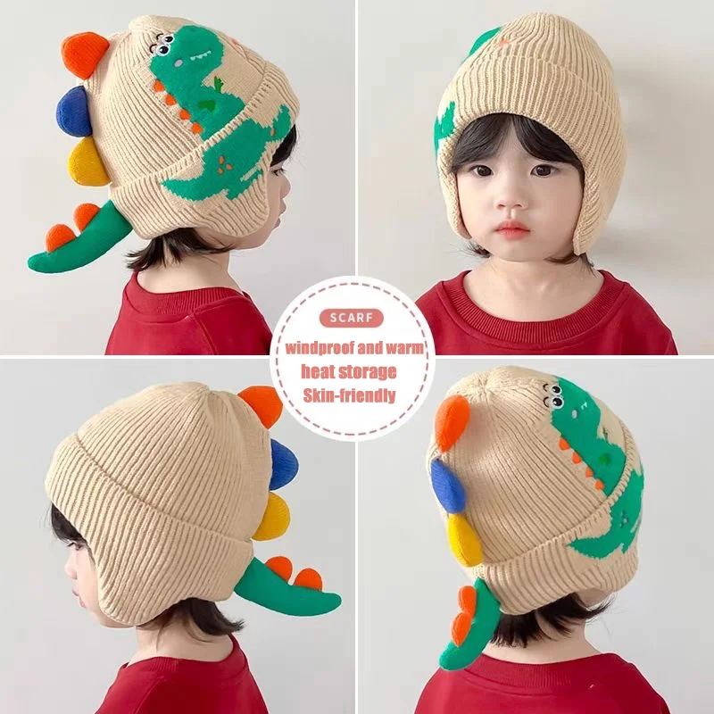 Winter dinosaur ear protection cap cartoon baby boy knitted hat fall and winter new children\'s wool warm cap girls windproof cap