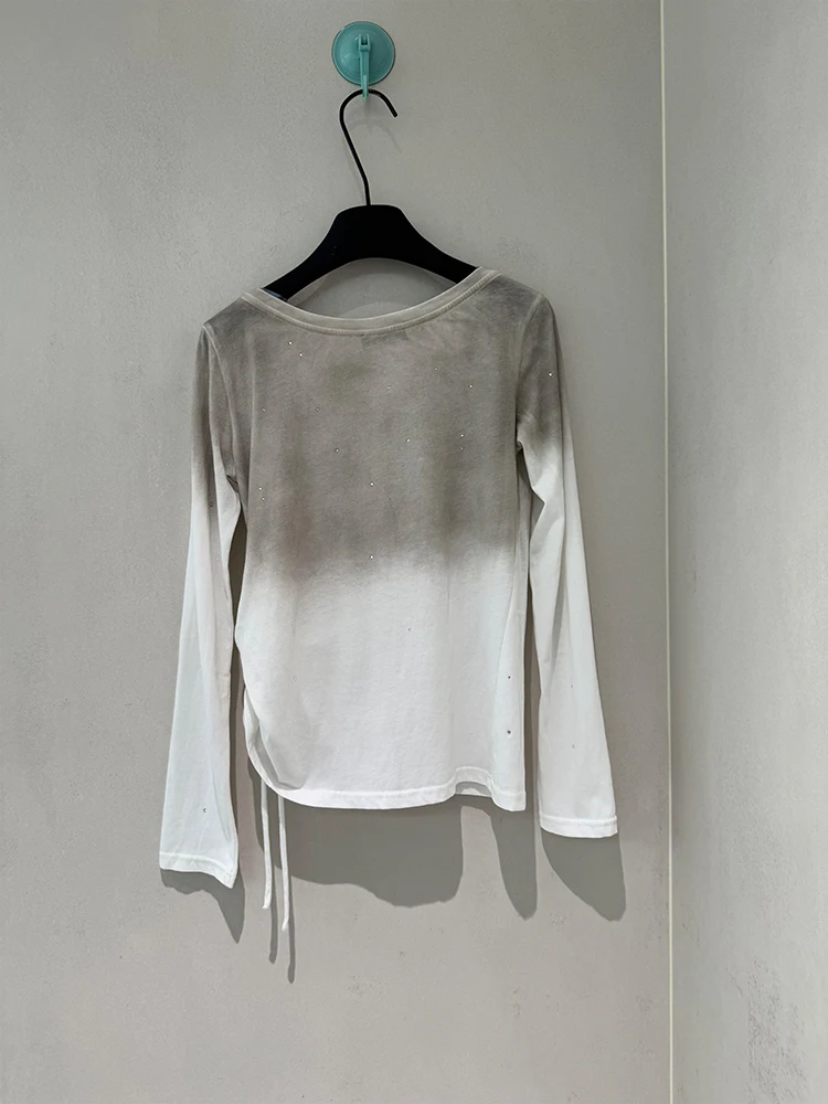 Vintage Long Sleeve T-Shirt Women's Versatile Slimming  Print Drawstring Wrinkle Dirty Style Summer Fashion Trend Ladies' Top
