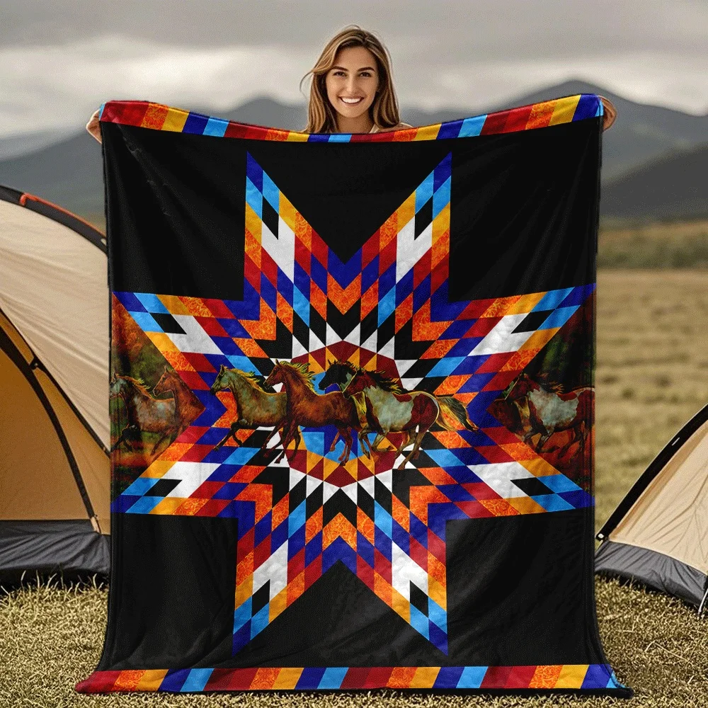 Native American Horse Flannel Blanket - Vibrant Geometric Patterns, Machine Washable Cozy Bedspread for Home Decor Camping