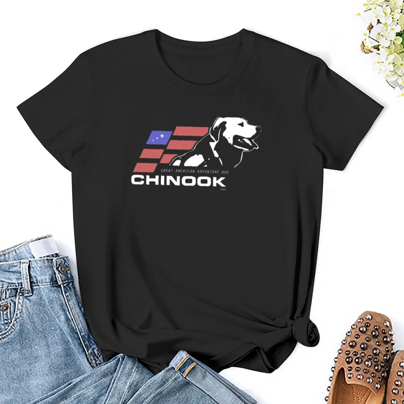 Chinook: Great American Adventure anjing (untuk latar belakang gelap) kaus kaus vintage baju olahraga kemeja longgar untuk wanita