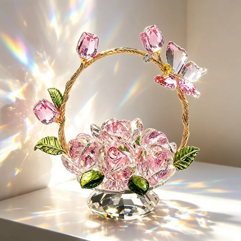 Crystal Rose Flower Basket Figurine Pink Butterfly Crystal Ornament Tabletop HomeDecor Miniature Craft Gift for Wedding Birthday