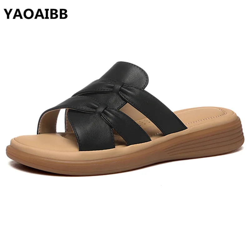 

New Genuine Leather Slippers Women Sandals Platform Peep Toe Women's Shoes Summer Beach Sandals Indoor Outdoor Flip-flops Female