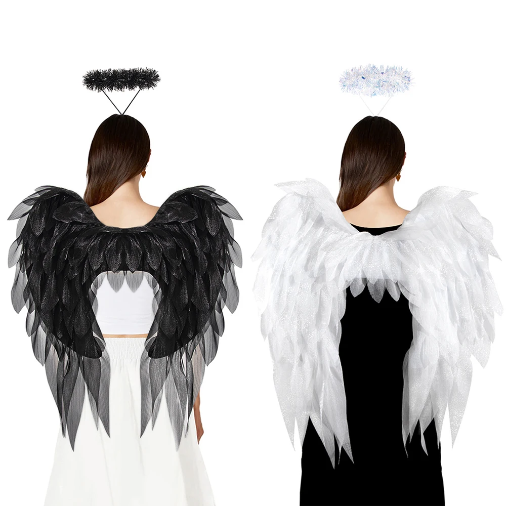 محاكاة الملاك الجناح أبيض/أسود ريشة تأثيري الدعائم عقال حفلة تنكرية زي أجنحة الجنية هيرباند الزخرفية