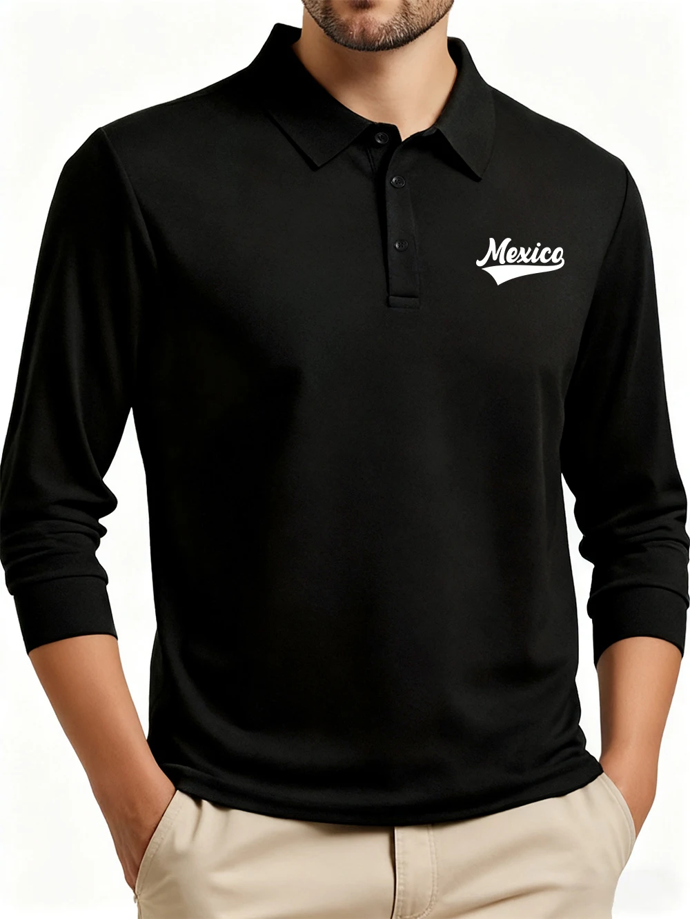 

Мексиканские рубашки поло с буквенным принтом, мужские осенние дышащие топы с лацканами, футболки с длинными рукавами для поездок на работу, повседневная базовая мужская одежда
