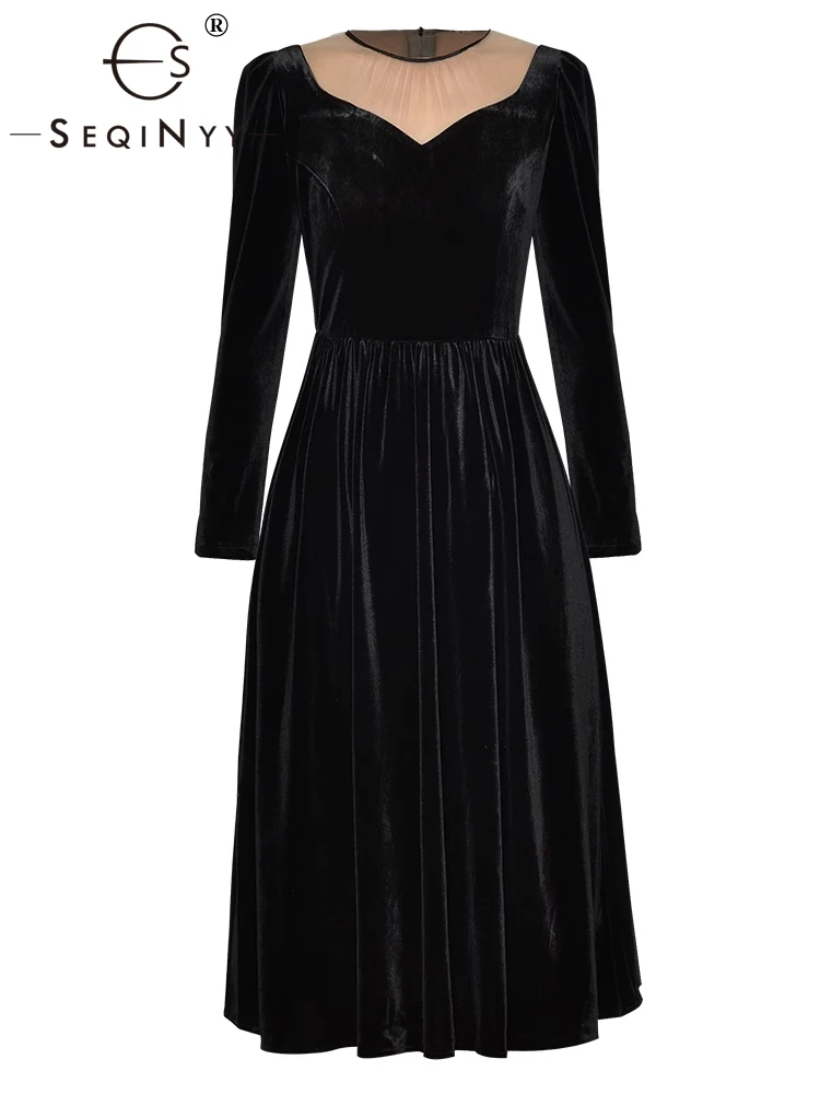 

SEQINYY Elegant Black Dress Spring Autumn New Fashion Design Women Runway High Street Mesh Spliced Velvet Draped Casual