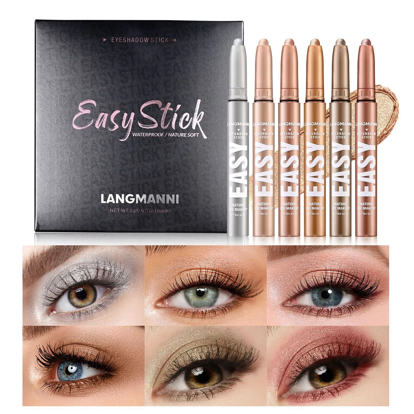 Neues 6-Farben-Lidschatten-Set aus Metall, glitzernd, wasserdicht, langlebig, 12 Stunden, modisches Lidschatten-Stick-Set, Party-Bühnenkosmetik, 2 g