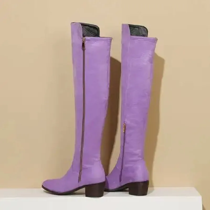 2025 Winter Female Boots Side Zipper Block Heels Black Green Purple Over The Knee Boots Ladies Boots New Big Size 40 41 42 43