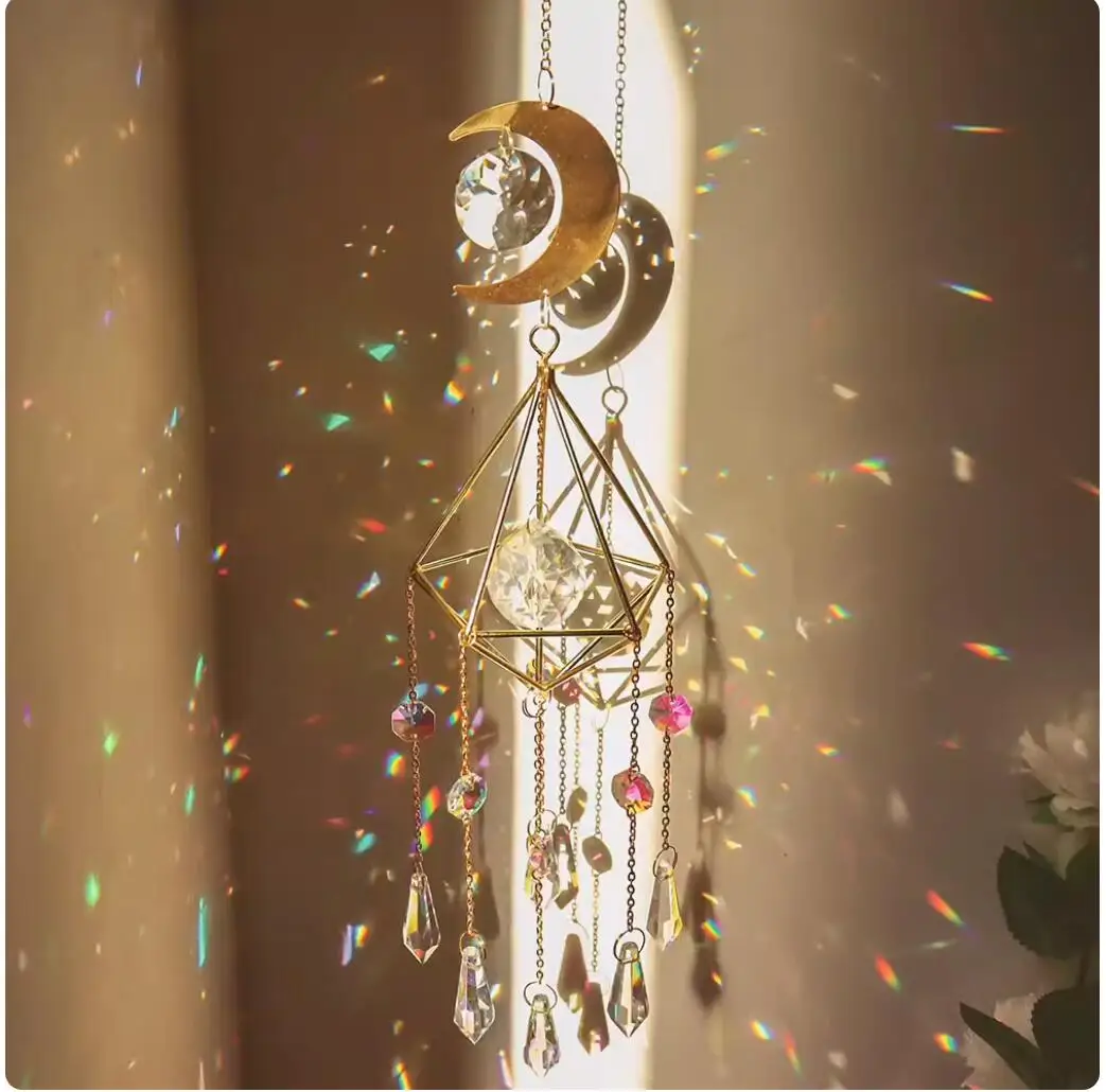 Large crystal wind chime prism sun catcher moon handmade hanging decoration Nordic home room window Dec dream catcher net MF885