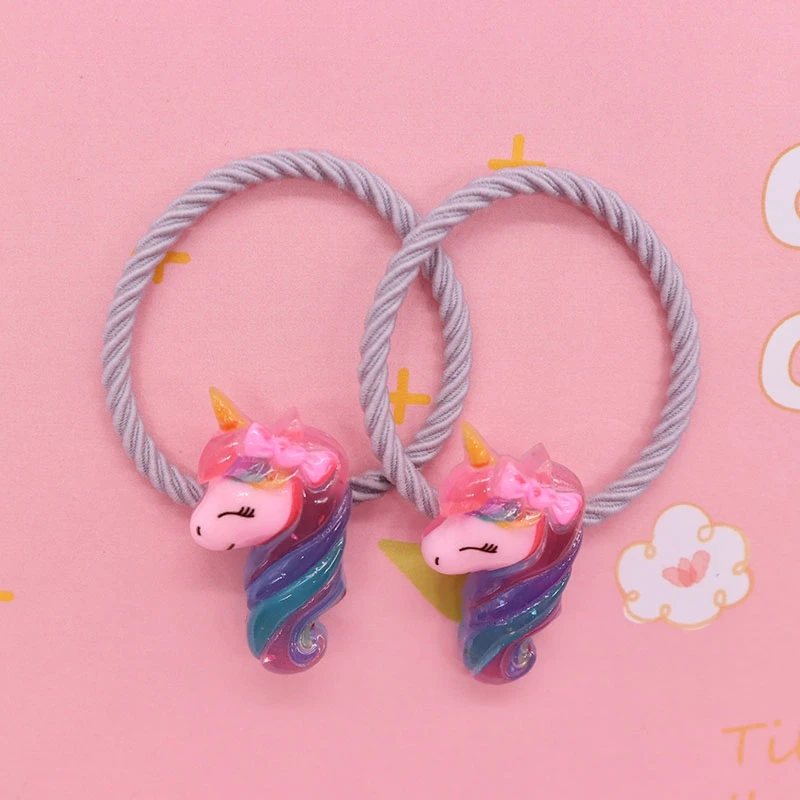 2Pcs/Set Resin Hair Accessories Cartoon Animal Unicorn Hair Rubber Bands Kid Ponytail Holder Scrunchie Baby Headband Ornaments