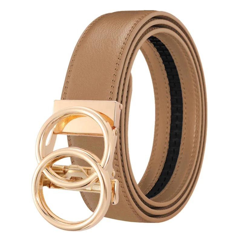 Herren Mode Einfacher Rindsledergürtel mit Doppelring-Automatikschnalle Stilvoller Gold-Silber-Legierungsgürtel für Hosen – Detail 3