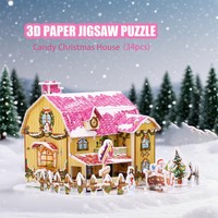 Pink Candy Christmas House Puzzle Paper Board Creative DIY Toys 3D Puzzles Christmas Cute Jigsaw Paper Model Building Kit