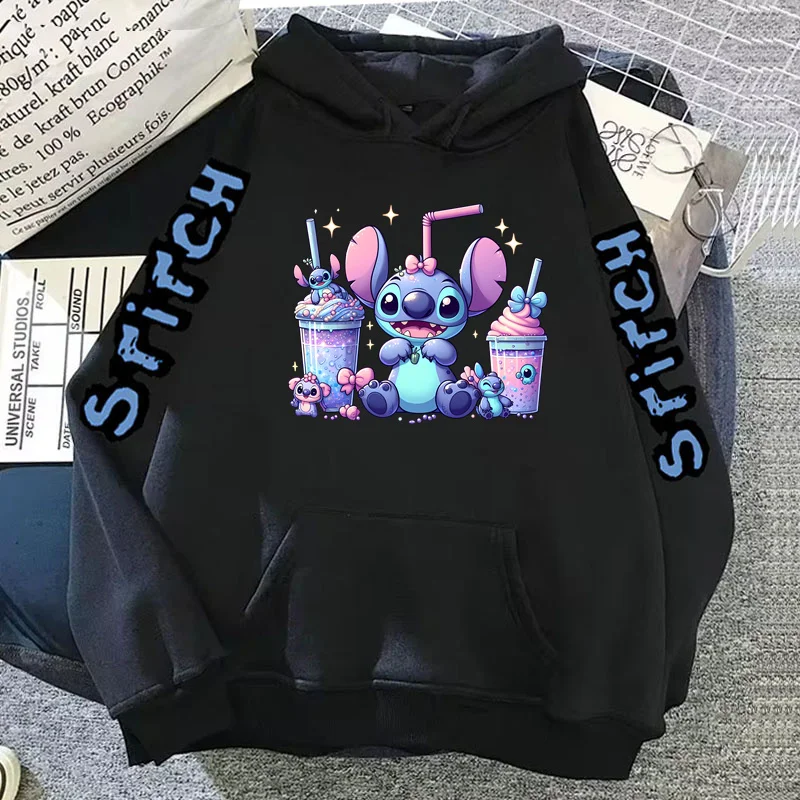 Mulheres Disney Cartoon Stitch Imprimir moletom com capuz, manga comprida com capuz, roupas Hip Hop, roupas Y2K