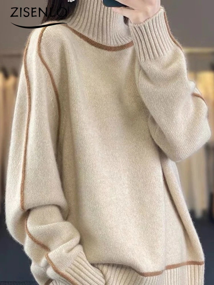 

Knitwear Autumn Winter Color Collision Knitwear Loose Thickened High Neck Pullover Sweater Korean Reviews Many Clothes Jumper