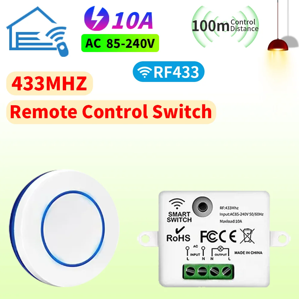 

General remote control switch 433mhz AC 110 - 220V 10A 1Ch household LED fan dual-button radio relay receiver and transmitter