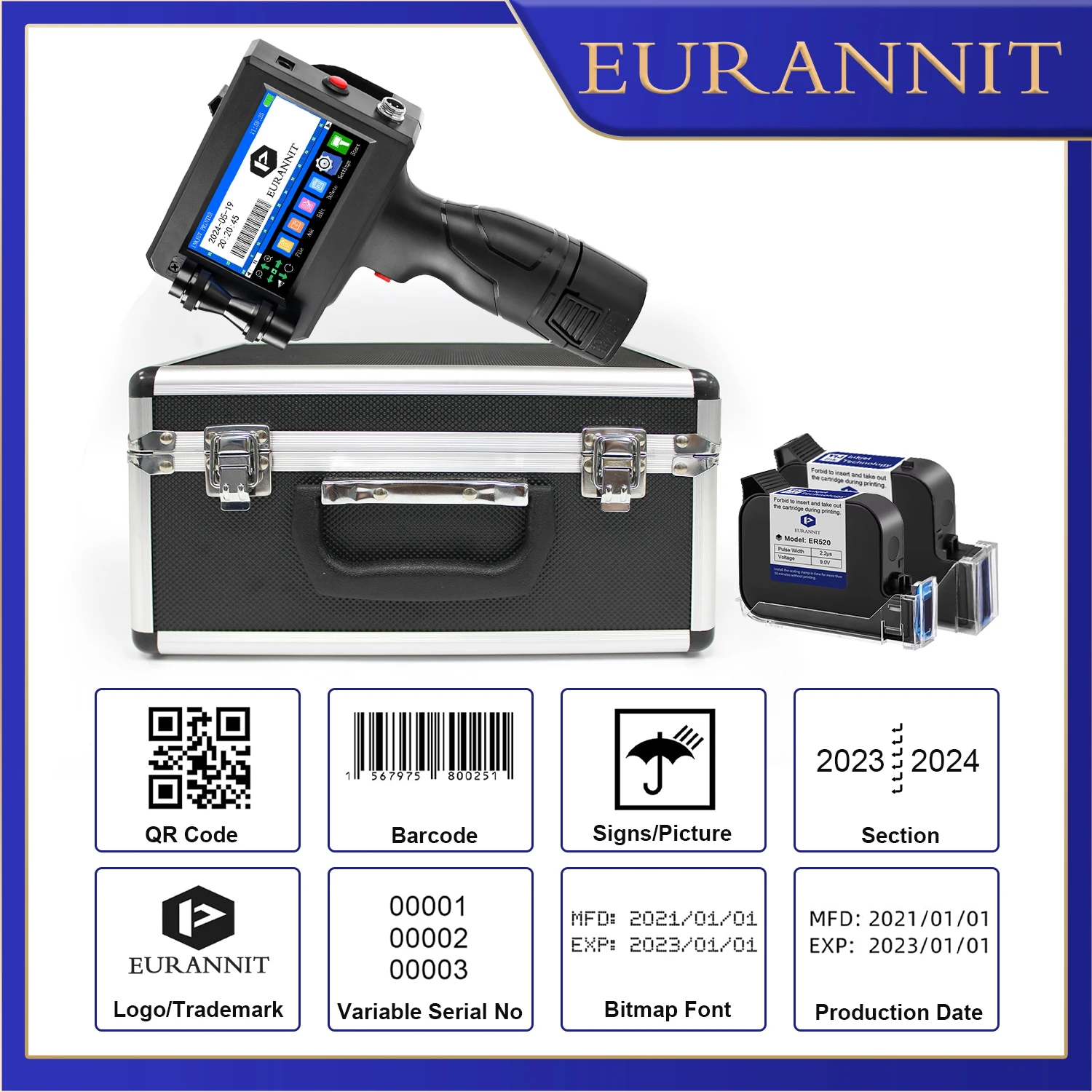 EURANNIT Portable Metal Suitcase for E15 12.7mm/25.4mm 4.3inch Handheld Inkjet Printer Logo Label Date Image Text Coding Machine