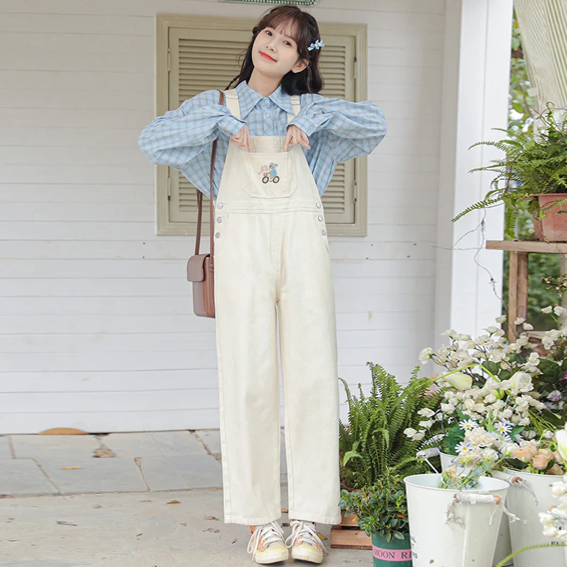 

Осень 2022, новые милые джинсовые комбинезоны абрикосового цвета с вышивкой - свободный крой, женские комбинезоны на подтяжках, женские комбинезоны