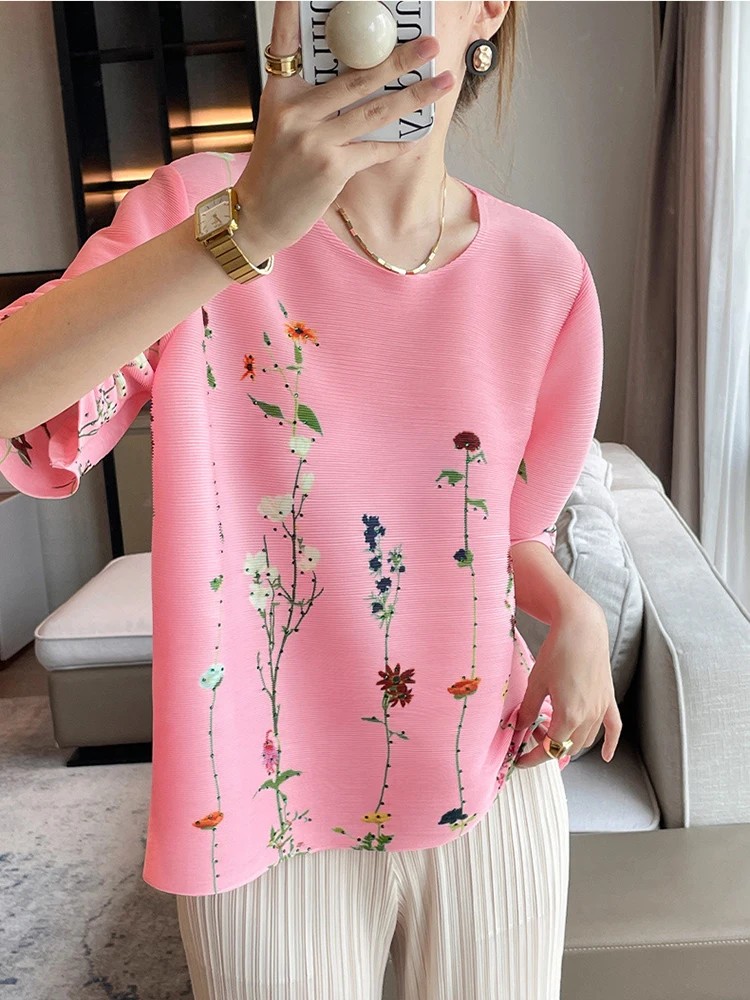 LANMREM Print Pleated T-shirt For Women O-neck Lantern Sleeves Loose Tops Fashion 2024 Female Summer New Clothing 2Z1708