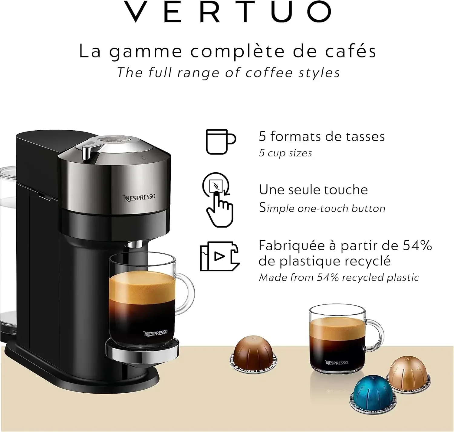 Nespresso Vertuo Next Deluxe koffie- en espressomachine, puur chroom met Aeroccino melkopschuimer, 1,1 liter, zwart, donker chroom