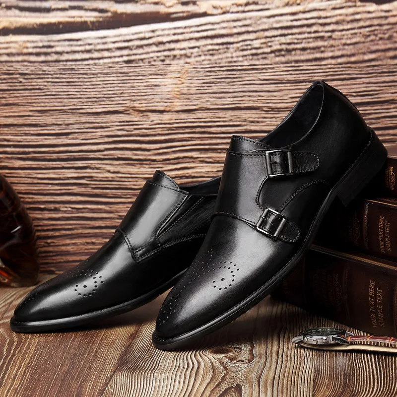 

Men Double Buckle Mengke Shoes with Pointed Toe Low Heel Comfortable Breathable Business Dress Shoes