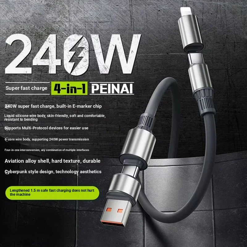 

4 in 1 USB to Type C Max 240W Car Cable Fast Charge and Data Sync Multi-Function Charging Cable for iPhone 16/15 xiaomi 120w 2m