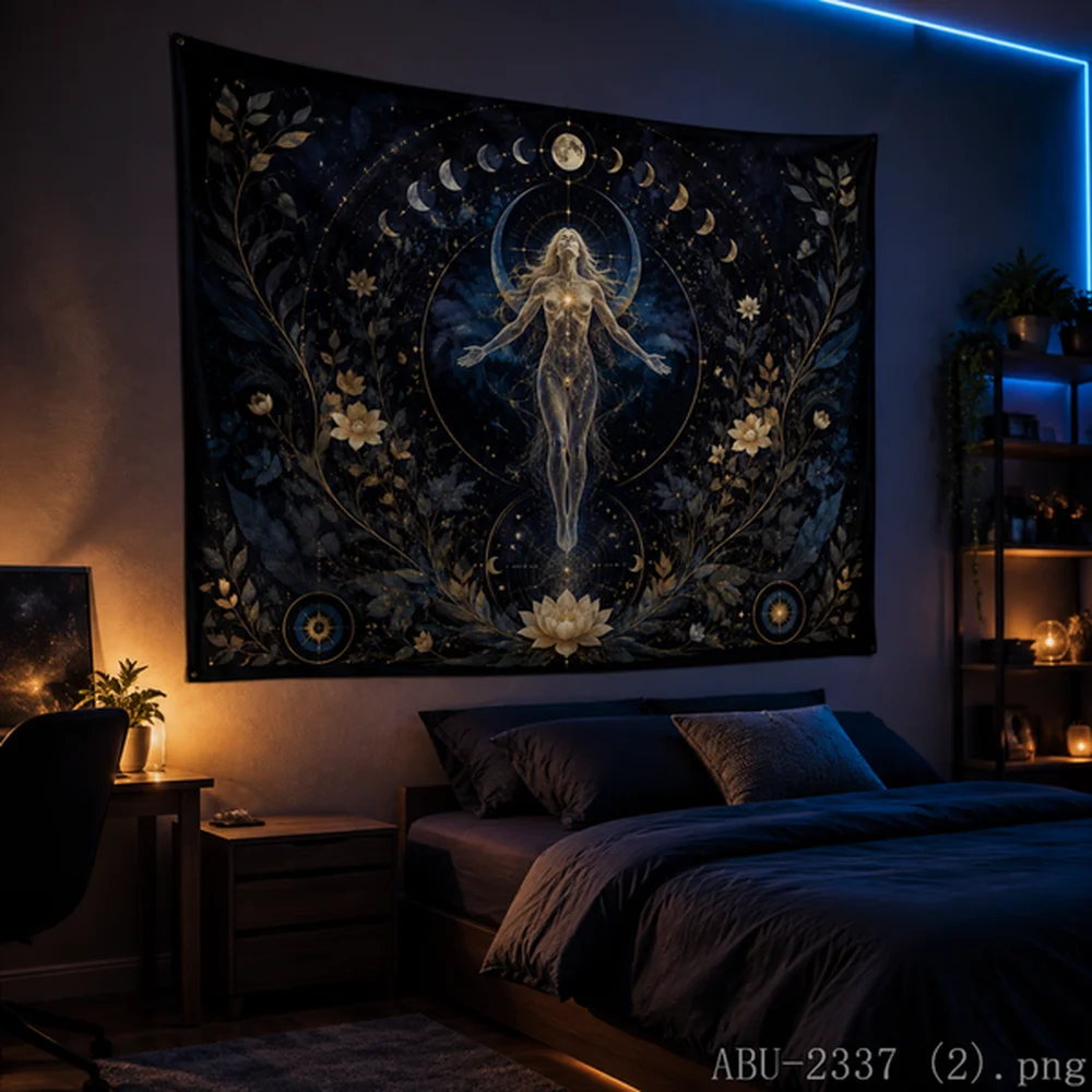 VIKAMA Neon Chakra Lotus Tapestry Spiritual Astronaut Wall Art for Mindfulness Room Decor