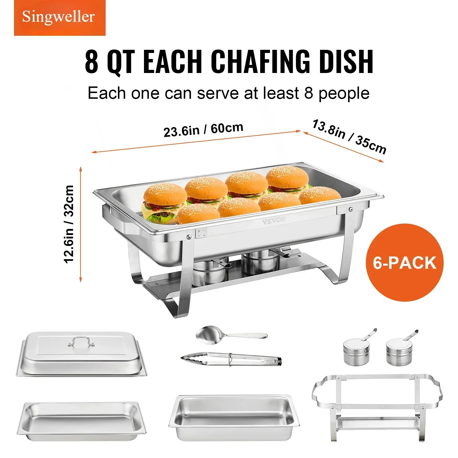 Singweller 2/4/6 Packs 8 QT Rectangle Chafing Dish w/ Full Size Pans Buffet Catering Warer Serer Folding Stand Fuel Holder Tray