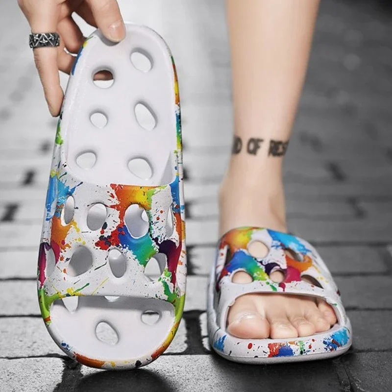 

Мужские тапочки, пляжная мягкая акварельная обувь, 2024, модельер, роскошные хлопчатобумажные туфли, дешевые жидкостные повседневные мужские сандалии Y2k