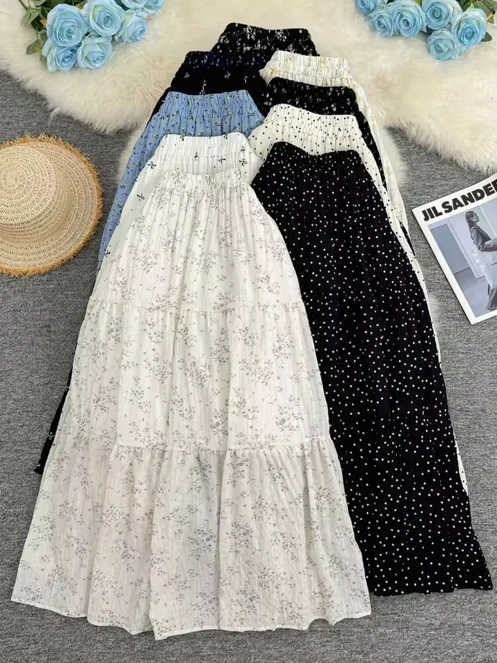 New 2026 Summer Floral Dot Patchwork Large Hem Skirt For Women Casual Versatile A-line Mid-length Skirt