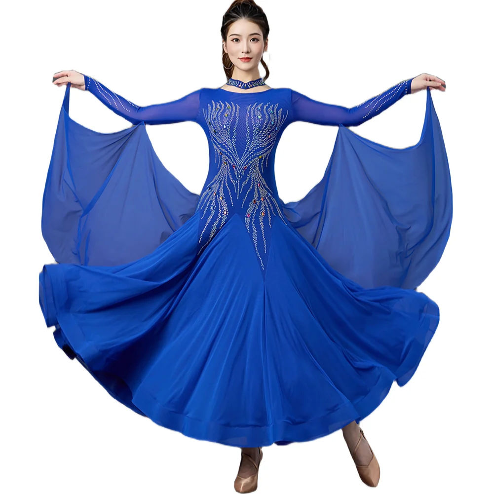 Traje de competición de diamantes de imitación fucsia, vestido de manga larga para baile de salón, banda lateral, nuevo vals, danza moderna, vestido con diamantes de imitación