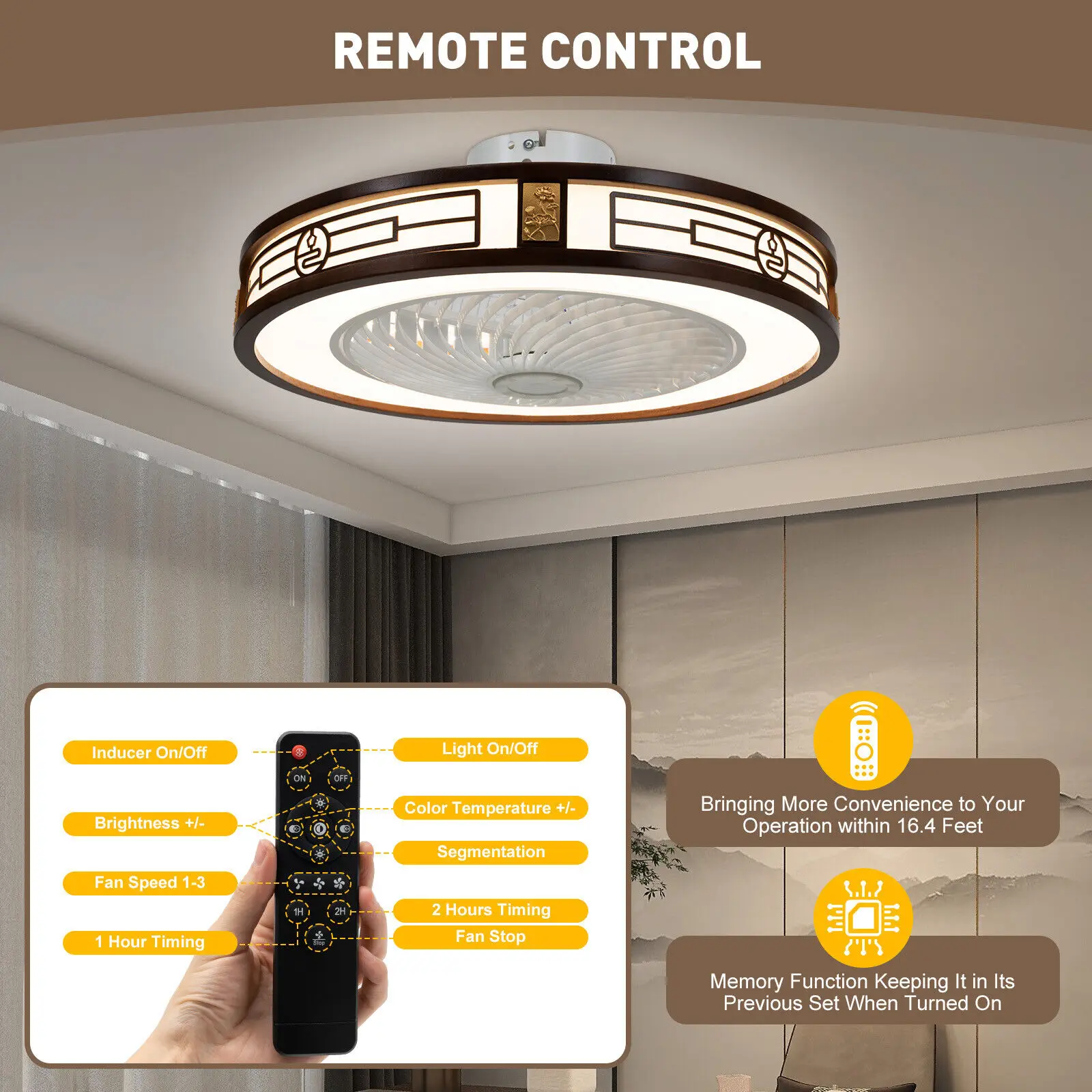 22" Invisible Ceiling Fan with Light - LED Semi Flush Mount Chandelier with Remote Control