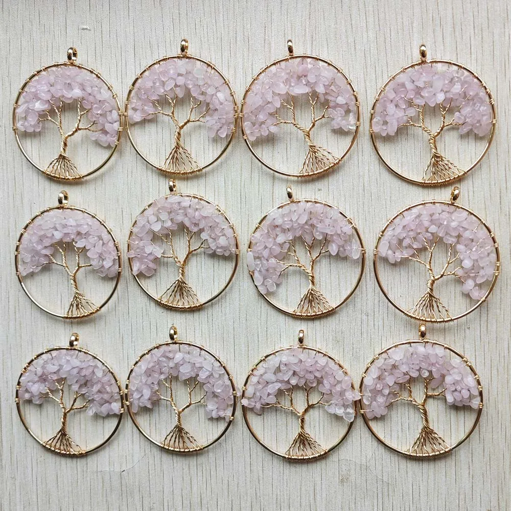 

Pink Natural rose quartz stone Tree of life handmade gold-plated wire wrapped Pendants 50mm for jewelry making Wholesale 12pcs