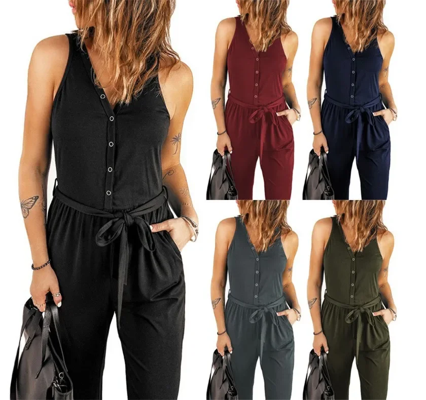 

Women Spring Summer Jumpsuit Solid Color Sleeveless High Waist V Neck Lace-up Button Pencil Pants Casual Fashion Comfortable Fit