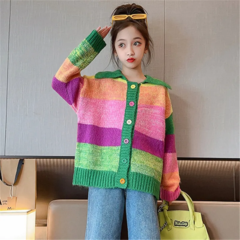 Casual cotton School Girl Rainbow Knit Cardigan Sweater Kids Single-Breasted Patchwork Long Sleeve Sweater Fashion Teen Clothes