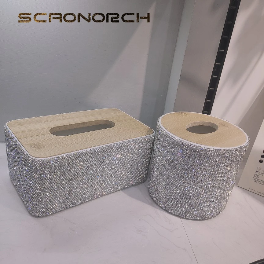 Luxury Tissue Box Wooden Plastic Diamond Removable Napkin Holder Tissue Holdler Bling Paper Storage Box Case Home Accessories