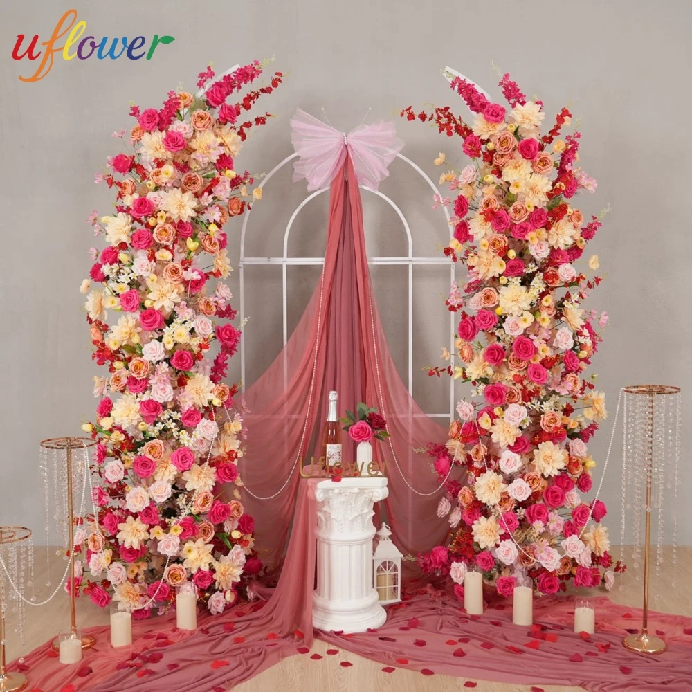 

Uflower Hot Pink Red Rose Floral Arrangement Horn Arch Wedding Backdrop Decor Floor Flower Row Event Stage Banquet Party Props