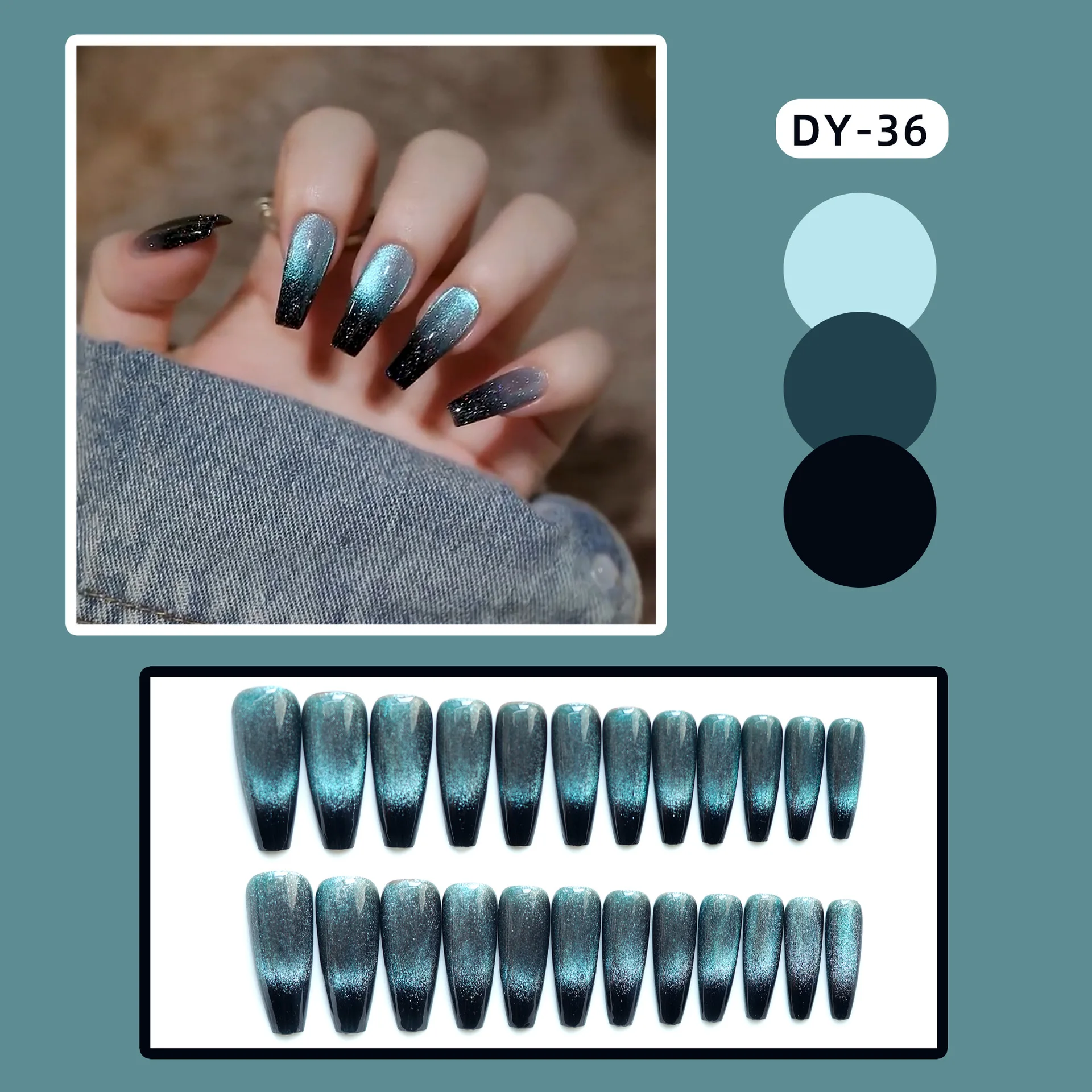 24pcs Wearable Blue Black Gradient Fake Nails Ballet Cat\'s Eye Phototherapy French False Nails Y2k Press On Nails Long Coffin