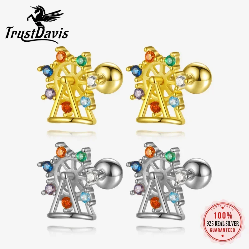 TrustDavis Girls 925 Sterling Silver Ferris Wheel Bead Screw Stud Earrings for Daughter Children Birthday Gift Jewelry DS4167