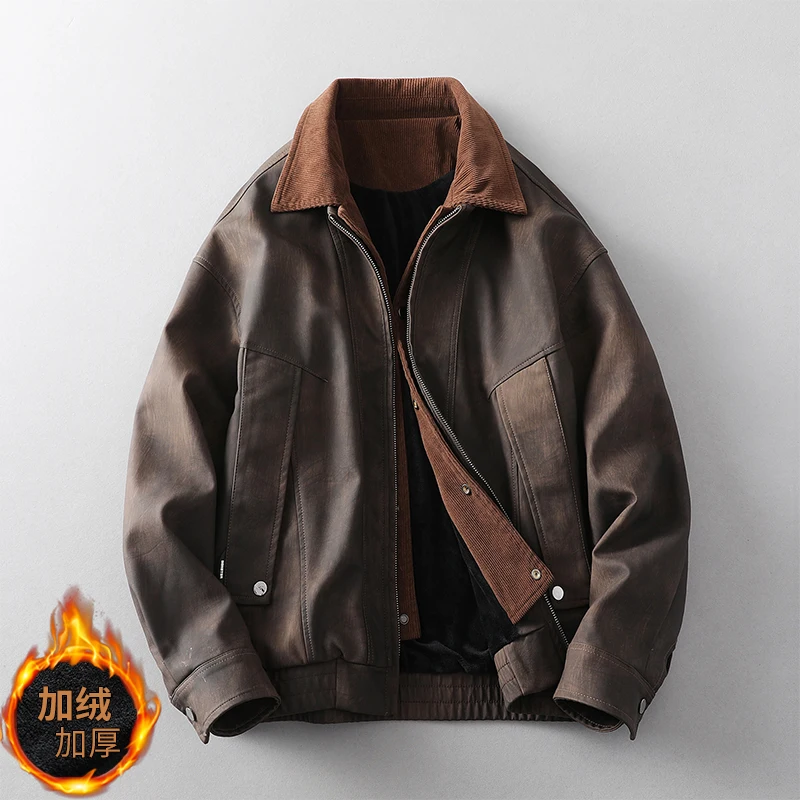 

2025 Autumn Trend PU Leather Jacket Men High Quality Loose Leather Jackets Turn Down Collar Motorcycle Jacket Casual Streetwear
