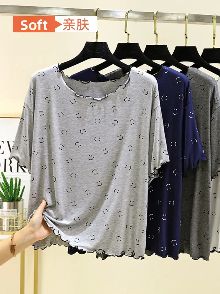 Modal Short Sleeve Printed T-Shirt Women's Summer Thin Smile Home Clothes Top plus Size Slimming Half Sleeve Base Shirt