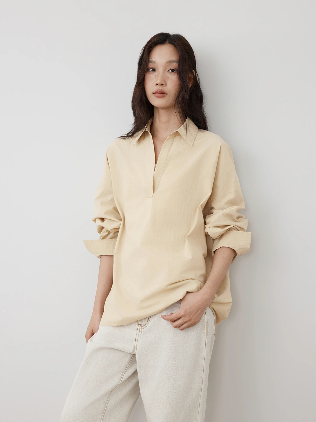 

Минималистичная женская хлопковая футболка с V-образным вырезом и длинным рукавом, свободного кроя, дышащая, модная, весна-лето