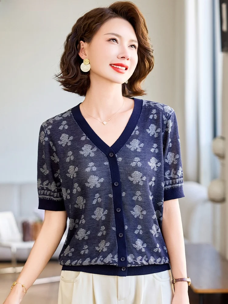 

Летняя модная вязаная футболка с коротким рукавом, повседневный свободный топ для молодых мам и женщин среднего возраста, V-образный вырез, полиэстер