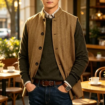 Men's Herringbone Tweed Vest Stand Collar Sleeveless Wool Blend Waistcoat Single Breasted Casual Business Gilet Autumn Winter 1